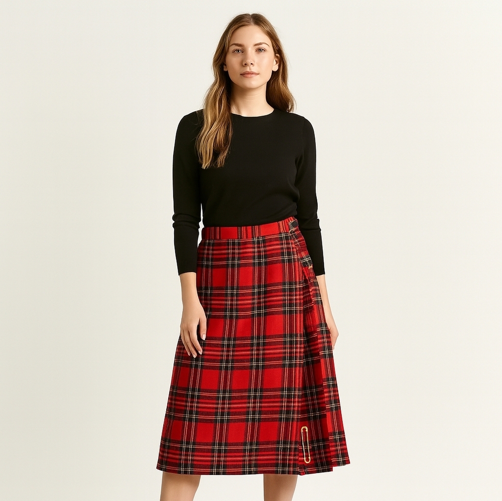 Red Plaid Midi Skirt